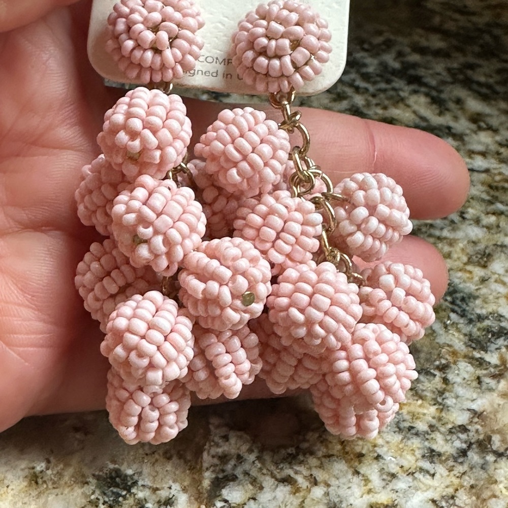Gold Pink Seed Bead Ball Cluster Earrings - Picture 5 of 8